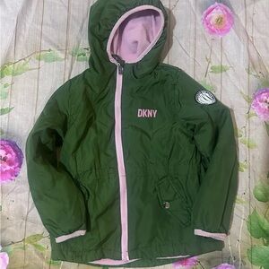 DKNY Kids Green Raincoat with Pink Accents